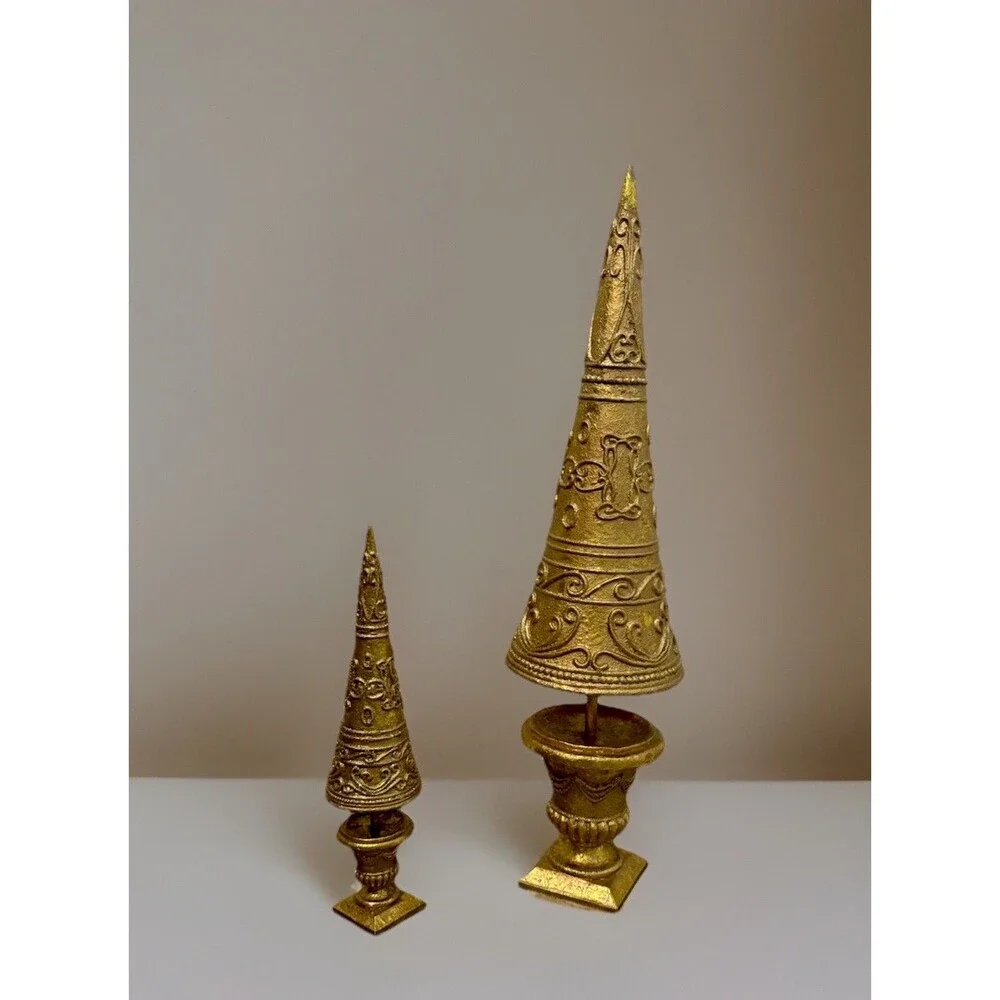 Interior Decorative Golden Ornate Christmas Tree 20” & 10” H. Set Of 2